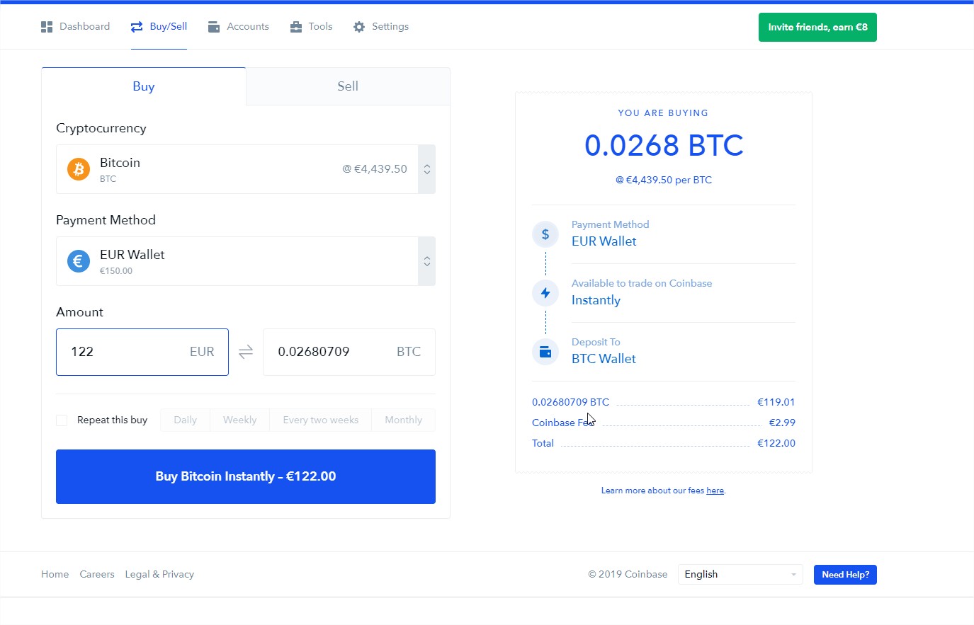how to buy bitcoin from wallet in coinbase