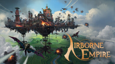 Official Airborne Empire key art (The Wandering Band), sky city builder.