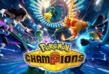 Official Pokémon Champions key art: the gold championship-belt logo over trainers and Pokémon including Pikachu, Charizard, Gardevoir and Lucario in a battle arena.