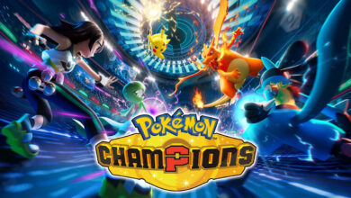 Official Pokémon Champions key art: the gold championship-belt logo over trainers and Pokémon including Pikachu, Charizard, Gardevoir and Lucario in a battle arena.