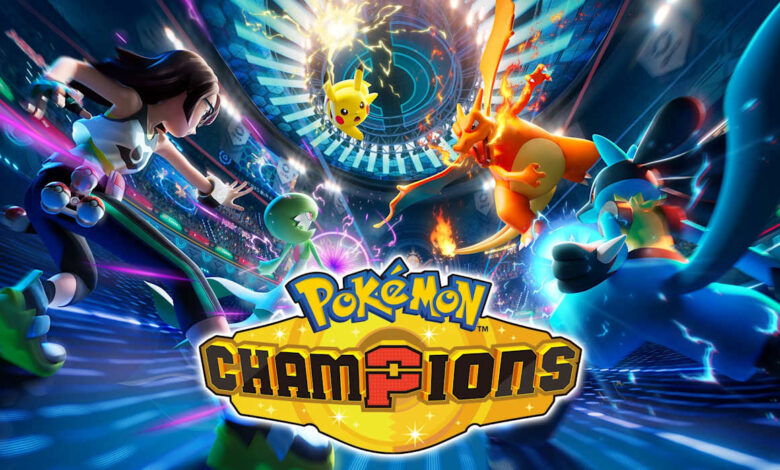 Official Pokémon Champions key art: the gold championship-belt logo over trainers and Pokémon including Pikachu, Charizard, Gardevoir and Lucario in a battle arena.