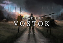 Official key art for Road to Vostok: a lone soldier on a dirt road in a post-apocalyptic Finland–Russia border zone with a downed helicopter and stormy sky.