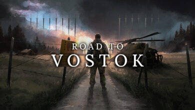 Official key art for Road to Vostok: a lone soldier on a dirt road in a post-apocalyptic Finland–Russia border zone with a downed helicopter and stormy sky.