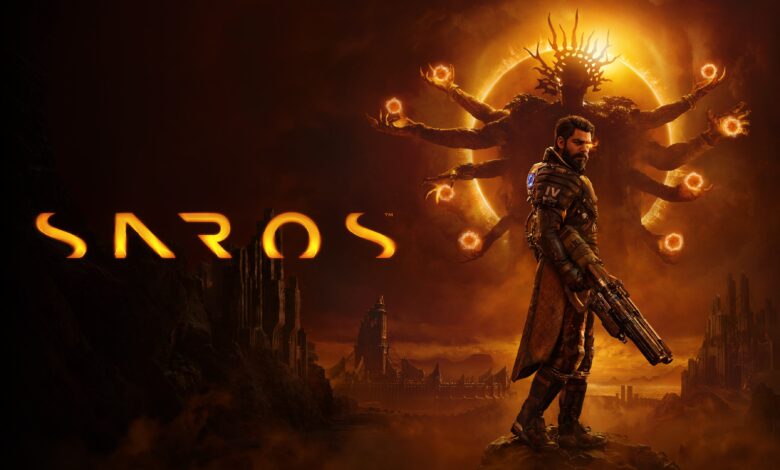 Official key art for Saros, Housemarque's PS5 roguelike shooter follow-up to Returnal.