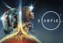 Official Starfield key art: the Starfield logo beside an astronaut, characters, and a rocket launching against a starry backdrop.