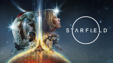 Official Starfield key art: the Starfield logo beside an astronaut, characters, and a rocket launching against a starry backdrop.