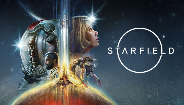 Official Starfield key art: the Starfield logo beside an astronaut, characters, and a rocket launching against a starry backdrop.